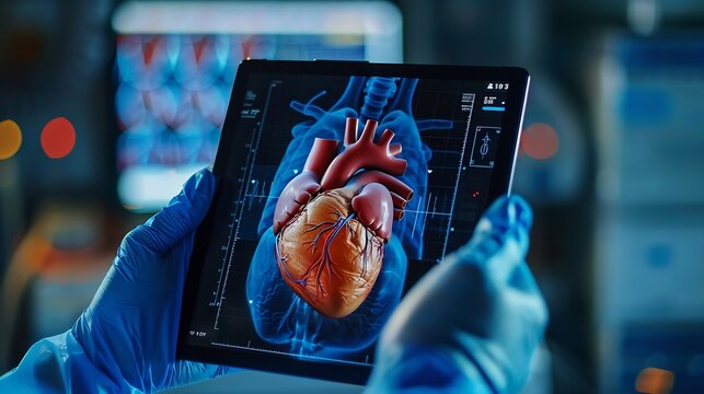 Cardiac MRI images  on Tablet are instrumental in assessing cardiac health identifying heart abnormalities isolated on white backgroundClipping path : Generative AI