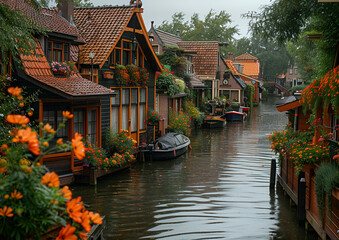 Obraz premium A serene canal scene featuring boats gently floating alongside charming houses lining the waterway. 