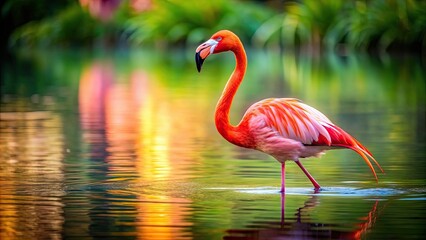 Fototapeta premium Beautiful close-up photo of a vibrant pink flamingo standing gracefully in water , wildlife, exotic, bird, tropical, nature