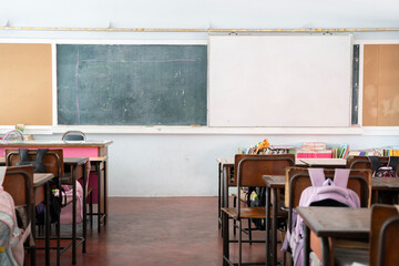 Empty classroom with whiteboard. Empty Modern Classroom With White Interactive Board.