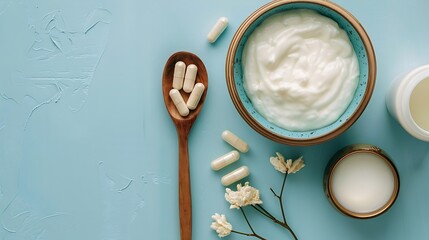 Capsules probiotic on a wooden spoon and bowl with homemade yogurt on light blue background Fermented foods dairy nutritional supplement healthy digestion concept Top view flat lay : Generative AI