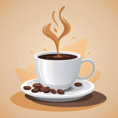 Stylized coffee cup with steaming hot coffee, coffee beans on saucer, minimalist vector art, warm beige background
