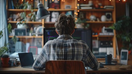 Naklejka premium Rear view of young man sitting at his workspace and using smartphone Blank screen for graphics display montage : Generative AI