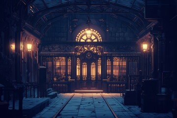 Obraz premium An old train station with iron railings and antique benches. The atmosphere is calm and inviting, cozy vibe, Generative AI