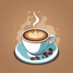 Stylized cappuccino with latte art, coffee cup and saucer, coffee beans on plate, vector illustration with warm brown background
