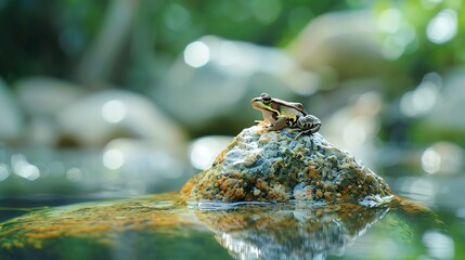 A tiny frog on a large rock brings life to an otherwise dull and drab landscape Surrounded by a clear peacefully flowing river the frog seems content Bokeh : Generative AI