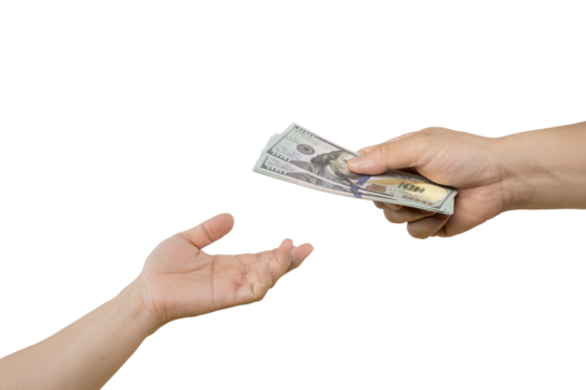 men's hands give dollar bills in the palm of an old man begging for alms on a white background.