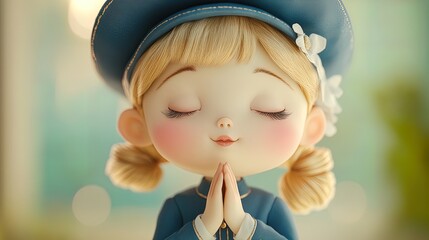 Fototapeta premium Charming Prayerful Doll in Blue Uniform: Perfect Poster for Sports Room Decor with Gentle Expression and Soft Pastel Colors