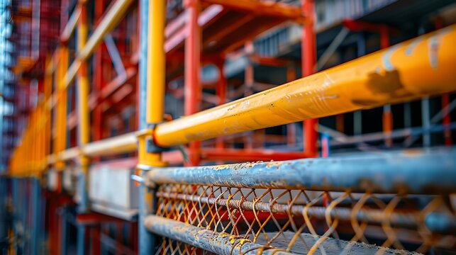 Construction building site with framework railing guard walkway on the building for workers to work guardrail to protect building safety for contractors engineers from falling and avoi : Generative AI