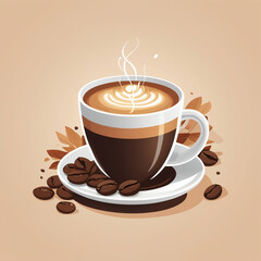 Latte art coffee cup with steaming hot coffee, coffee beans on saucer, autumn leaves, vector illustration on beige background
