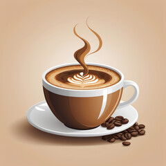 Steaming latte art coffee cup with saucer and coffee beans, vector illustration on warm beige background
