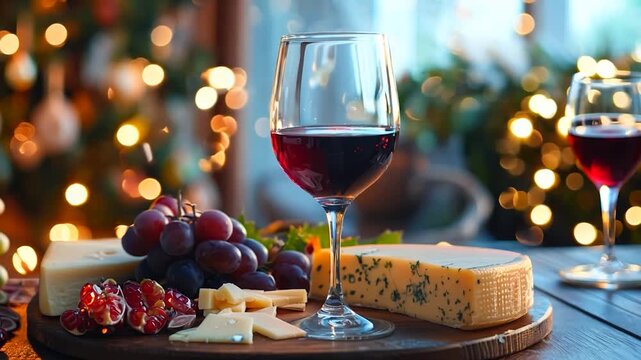 Glass of red wine and cheese platter, cozy evening setting