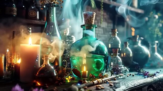 3D witch's apothecary with potions, matte surface, copy space,