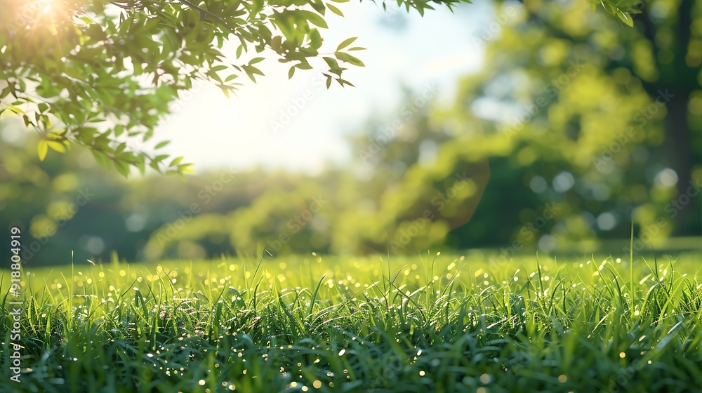 Poster blurred photogreen tree background view of the wild grass lawn light sky : generative ai