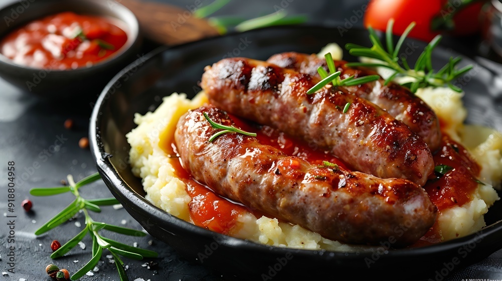 Poster devilled sausages with mashed potato spiced tomato and apple sauce : generative ai