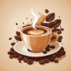 Coffee cup with latte art, surrounded by coffee beans and leaves, steaming hot drink, vector illustration on beige background
