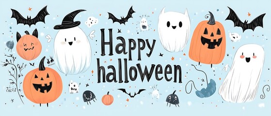 A festive Halloween scene of pumpkin jack-o-lanterns and ghosts surrounded by autumn leaves. Perfect for Halloween themed party supplies and decorations.Generative AI