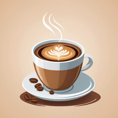 Latte art coffee cup with steam, coffee beans on saucer, minimalist vector illustration on beige background

