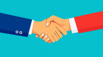 B2B transaction, handshake with digital contract, flat design illustration