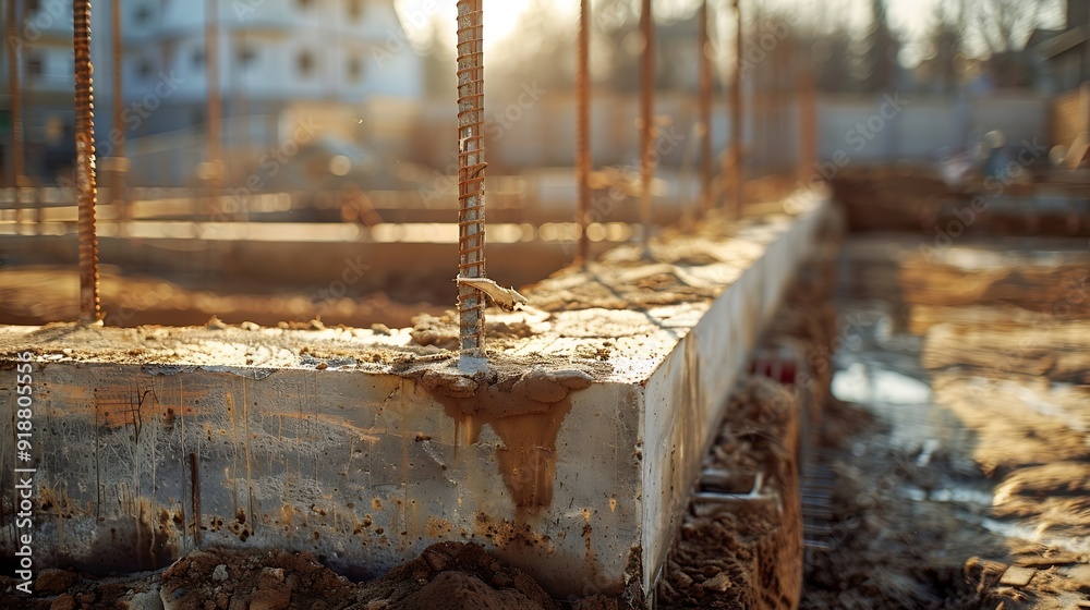 Poster large reinforced concrete structures at the construction site preparation for the installation of re