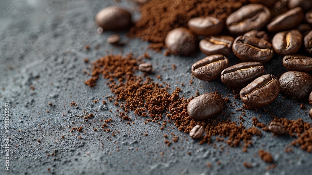 Poster roasted coffee beans and ground coffee on gray background copy space directly above : generative ai