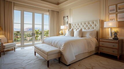 Luxurious master suite King bed plush bedding private sitting panoramic views Pure opulence : Generative AI