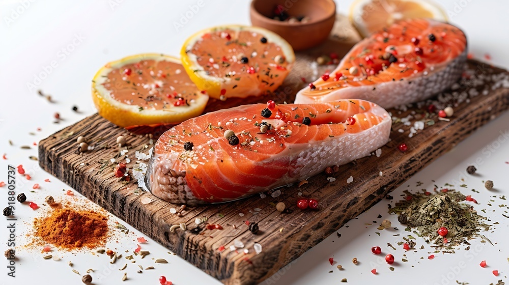 Poster wooden board with raw salmon steaks and different spices on white background : generative ai