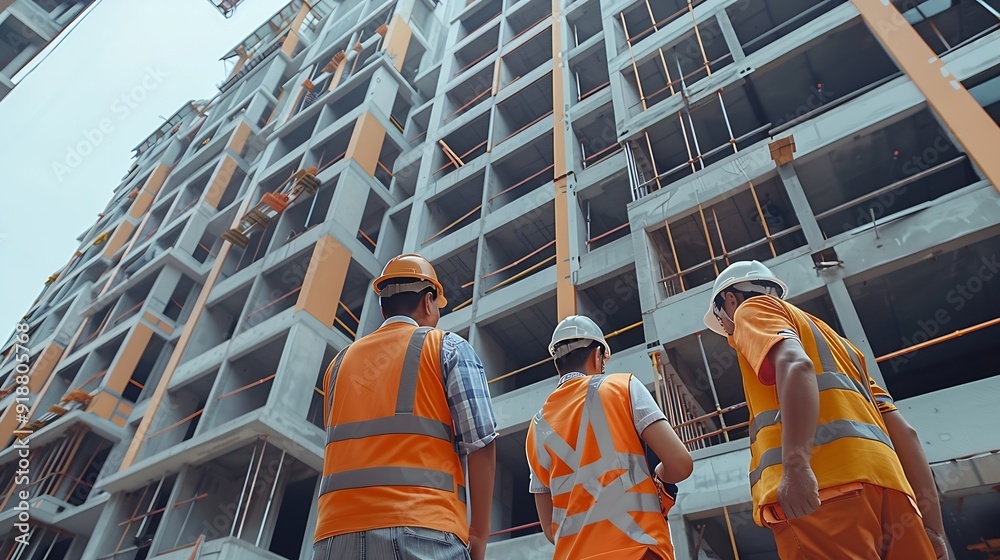 Poster a team of construction engineers talks to managers and construction workers at the construction site