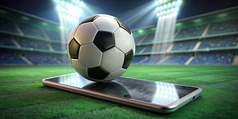 Fototapeta premium Online betting on virtual soccer game with smartphone, currency and ball , Virtual sports, betting, soccer, online
