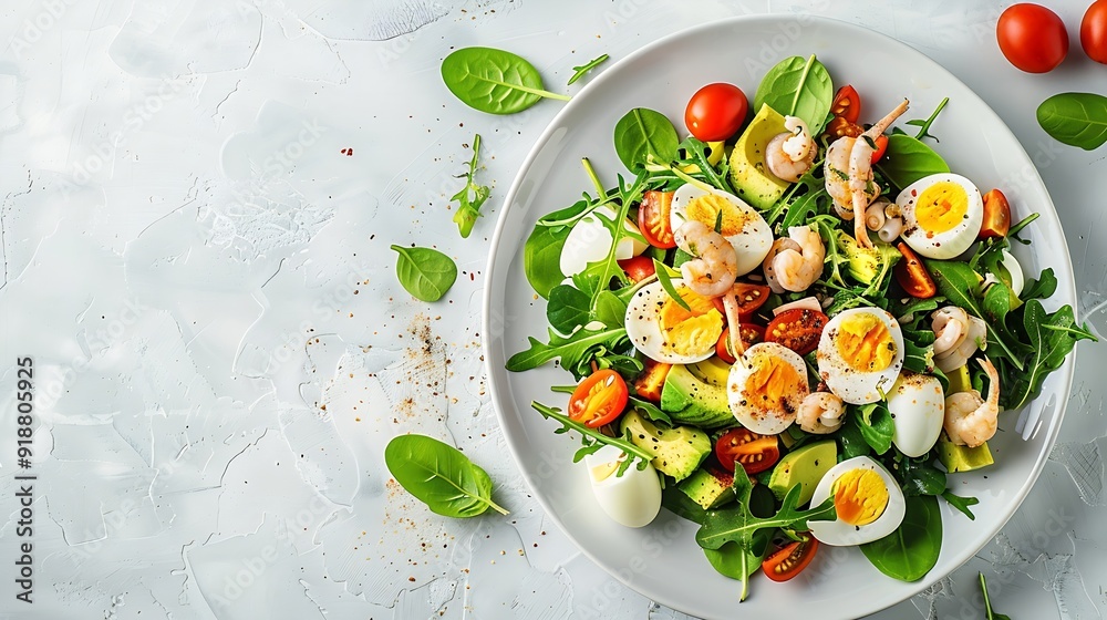 Poster Healthy salad with squid and avocado on white plate with harsh shadows Calamari salad with vegetables and eggs on white background with shadows of leaves Summer food menu : Generative AI