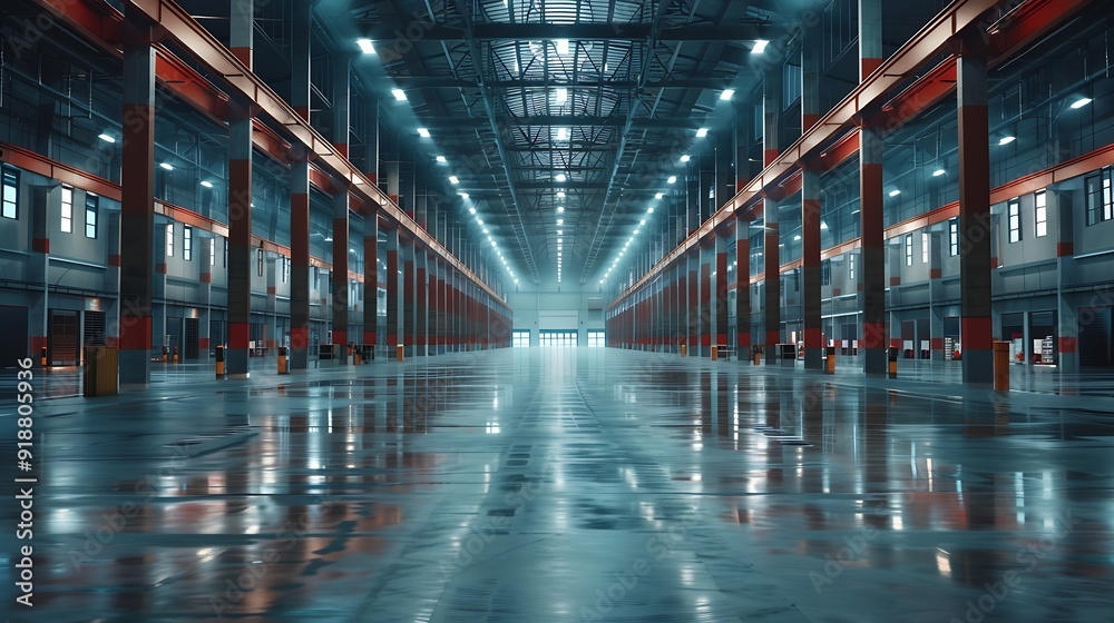 Poster clean and empty industrial hall in detail for supporting poles : generative ai