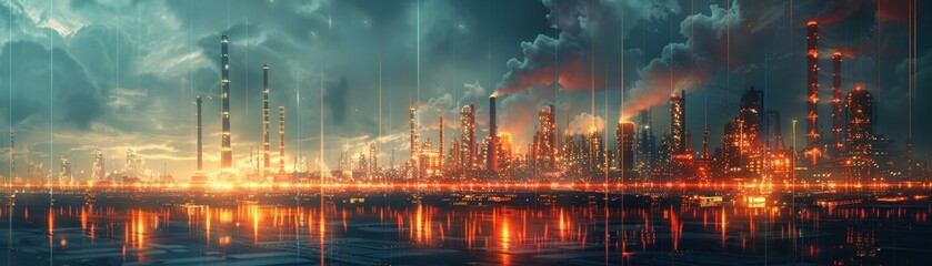 Obraz premium A stunning skyline of a futuristic city with vibrant lights reflecting on water, showcasing industrial architecture and dynamic ambiance.