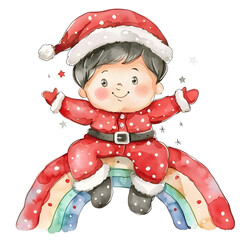 a super cute cartoon santacaus costume sitting on the rainbow, full body, single object, watercolor illustration