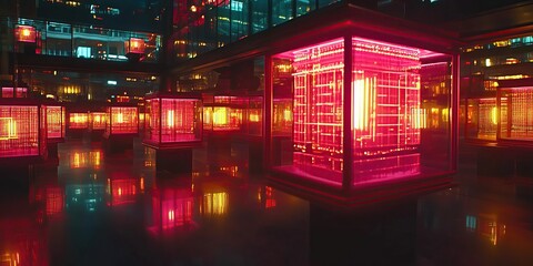 Neon Illuminated Cubes in Reflective Modern Space