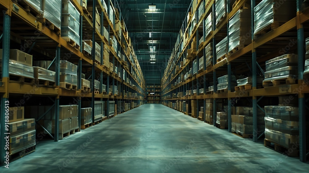 Poster large storage warehouse there is a walkway in the middle between the shelves : generative ai