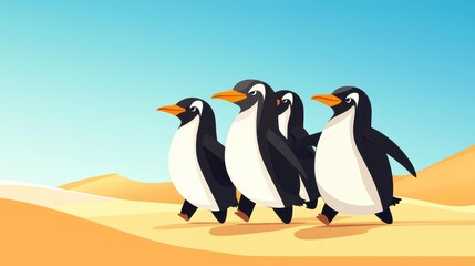 Obraz premium Penguins roam a surreal desert canvas, showcasing the impact of climate change through colorful, cartoonstyle art.