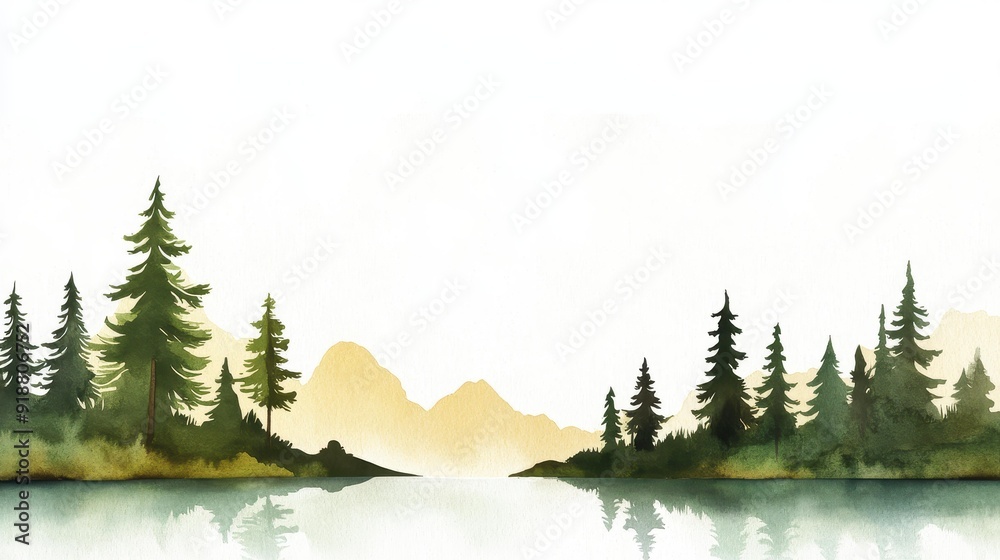 Sticker A serene watercolor portrayal of lush green pine trees reflecting near calm waters, evoking tranquility and natures beauty.