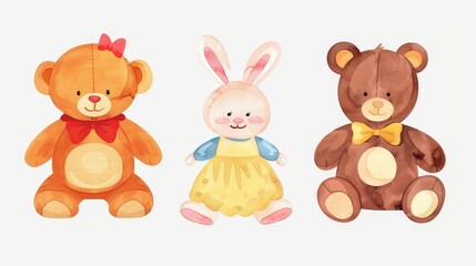 Naklejka premium Adorable watercolor set featuring a rag doll, bear, and bunny. Perfect for baby toys and nursery decor.