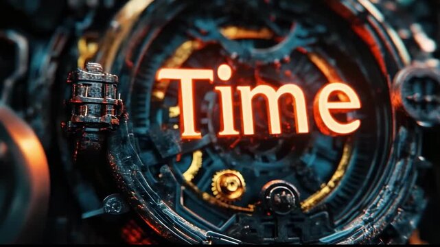Glowing orange "Time" text surrounded by intricate clockwork in vintage metal tones, creating a captivating steampunk style concept with a blend of elegance and industrial aesthetics.
