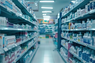 in the pharmacy, shelves filled with various medicines, medical supplies and medicines