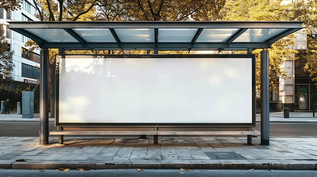 bus shelter at busstop blank white lightbox empty billboard bus shelter ad glass and aluminum structure transit station urban setting city street background stone sidewalk base for moc : Generative AI