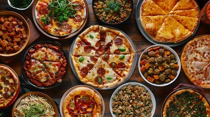 Fototapeta premium Many dishes Junk food assortiment pizza wok top view : Generative AI