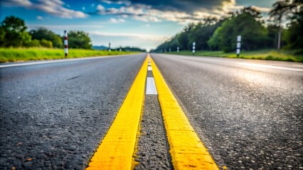 Obraz premium Abstract Textured Background of Yellow Road Markings on Grey Highway