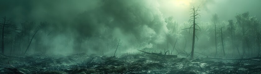 Eerie landscape of a forest engulfed in smoke and fog, showcasing the aftermath of a fire with scattered trees and murky atmosphere.
