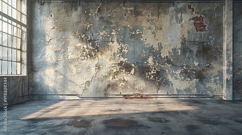 Poster empty warehouse room with grungy stucco concrete wall floor room as background corner of old grunge 