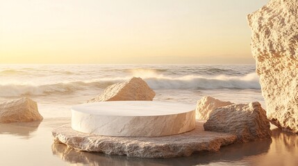 240804 86. Natural elegance concept, stone podium on rock platform for product display, abstract geometric pattern backdrop with organic shapes, coastal beach setting with rolling waves, earthy