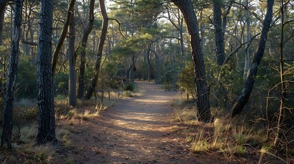 Naklejka premium The Gordons Pond Trail wanders through nature at Cape Henlopen State Park on the Eastern Shore This 32mile accessible trail offers stunning views : Generative AI