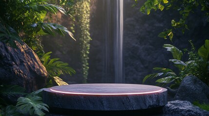 240804 103. Organic meets modern concept, cylindrical stand podium for displaying the product on any background in any environment, display podium rock stone, rainforest waterfall scene with neon