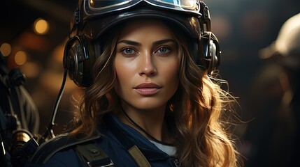 A female pilot in uniform next to an airplane