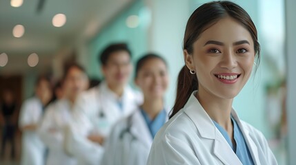 Fototapeta premium Smile portrait and hospital doctors people or surgeon team for healthcare help services or medical collaboration Medicine health professional clinic group solidarity or staff nurses fo : Generative AI